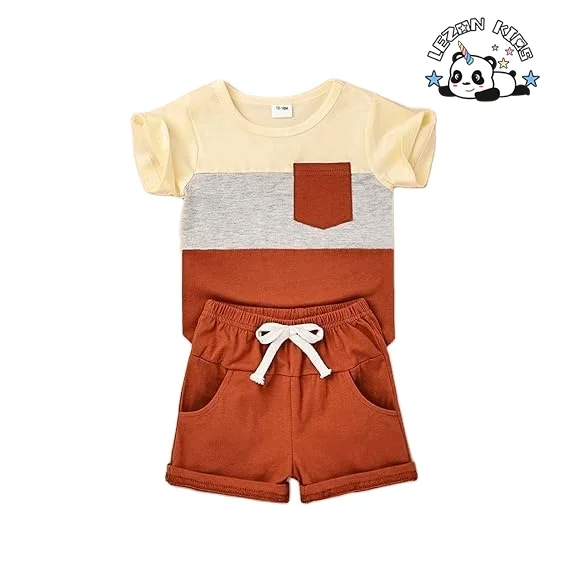LEZONKIDS - Customizable Hot Sale Summer Outfits Short Sleeve Patchwork Top T-shirt Pocket Pant Set 2 Piece Boy Clothing Set